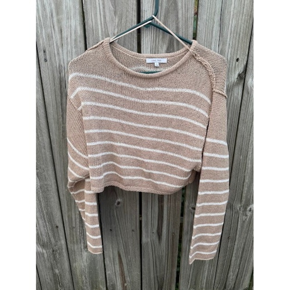 Boho Coastal Love Tree Cropped Sweater Small Tan White Striped Knit Top